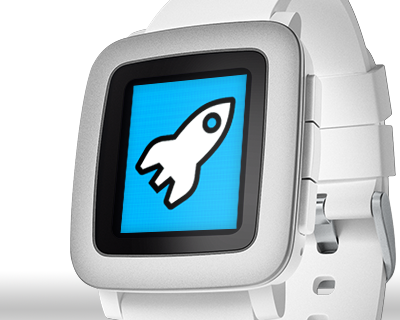 A picture of a pebble smartwatch, on the screen of which is displayed a bright blue background and a stylized vector rocket with three landing legs.