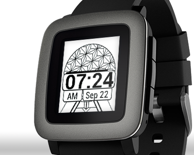 A crudely-drawn pixel art of Epcot's Spaceship Earth, displayed on the LCD screen of a Pebble Smartwatch