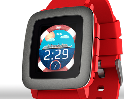 A picture of a pebble smartwatch, with a display bearing a life-raft. Framed by the life raft is a clock and art of a cruise ship at sea.