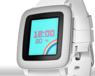 A picture of a pebble smartwatch, with a bright cyan background and pink foreground text displaying the current time. At the bottom right of the display is a rainbow.