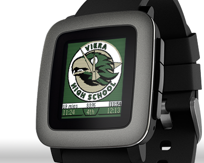 A picture of a pebble smartwatch, with the display showing a green and gold hawk school mascot behind an analog clock face.